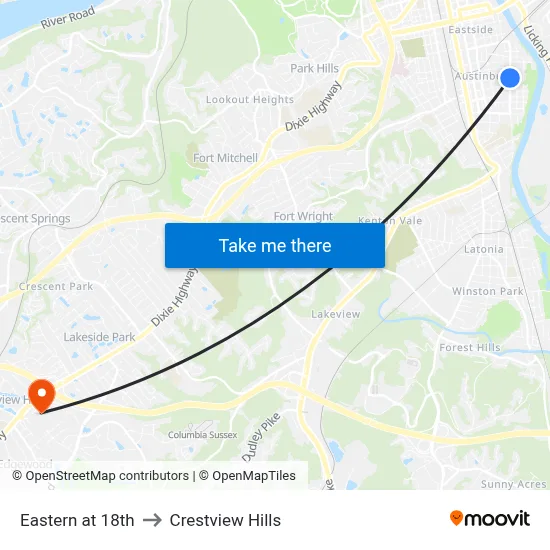 Eastern at 18th to Crestview Hills map