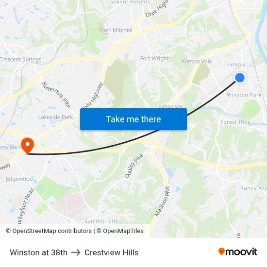 Winston at 38th to Crestview Hills map