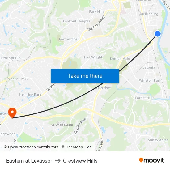 Eastern at Levassor to Crestview Hills map