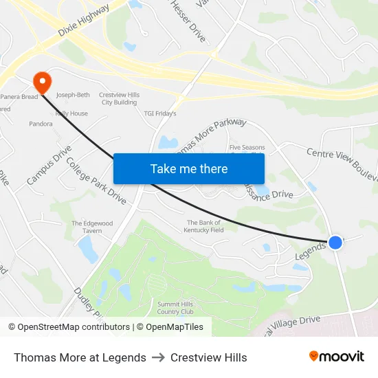 Thomas More at Legends to Crestview Hills map