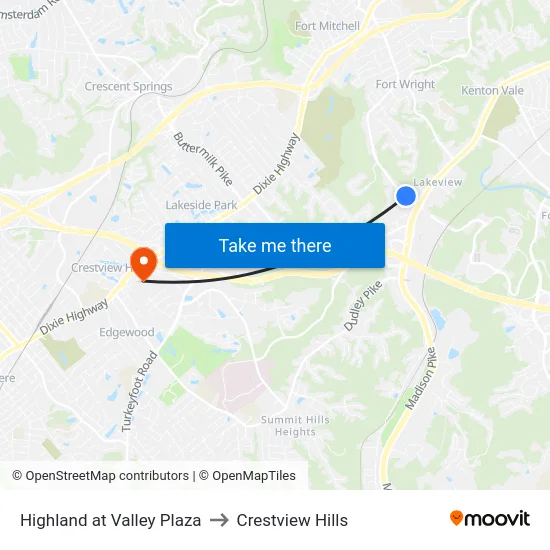 Highland at Valley Plaza to Crestview Hills map