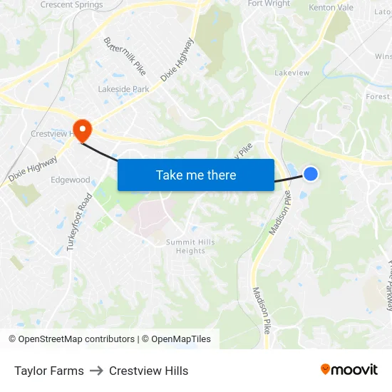 Taylor Farms to Crestview Hills map