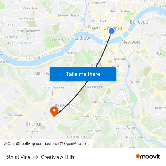 5th at Vine to Crestview Hills map