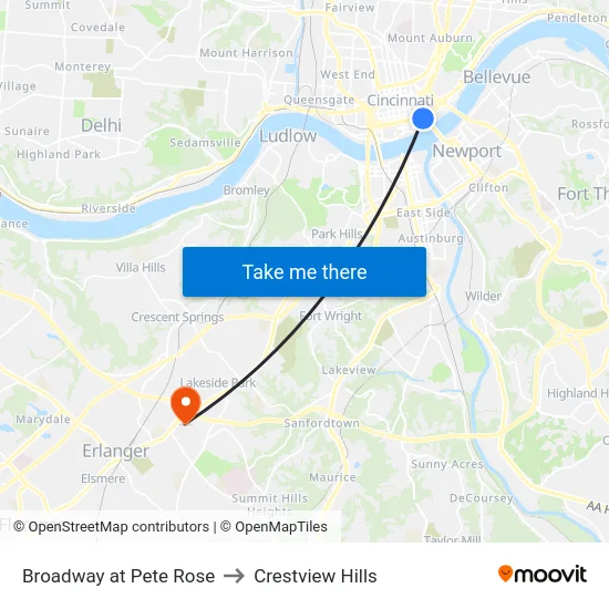 Broadway at Pete Rose to Crestview Hills map