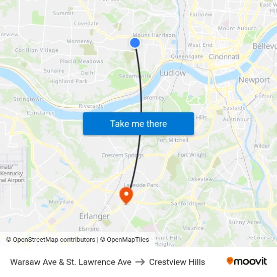 Warsaw Ave & St. Lawrence Ave to Crestview Hills map