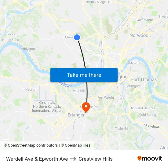 Wardell Ave & Epworth Ave to Crestview Hills map