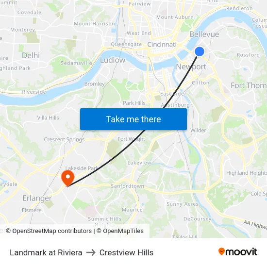 Landmark at Riviera to Crestview Hills map