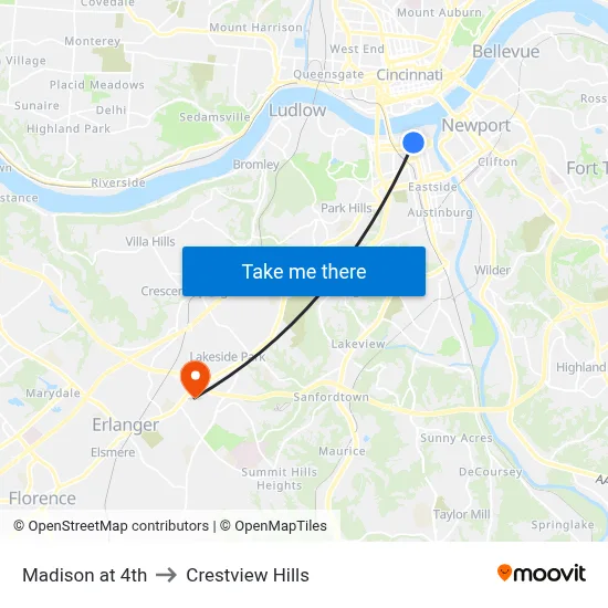 Madison at 4th to Crestview Hills map