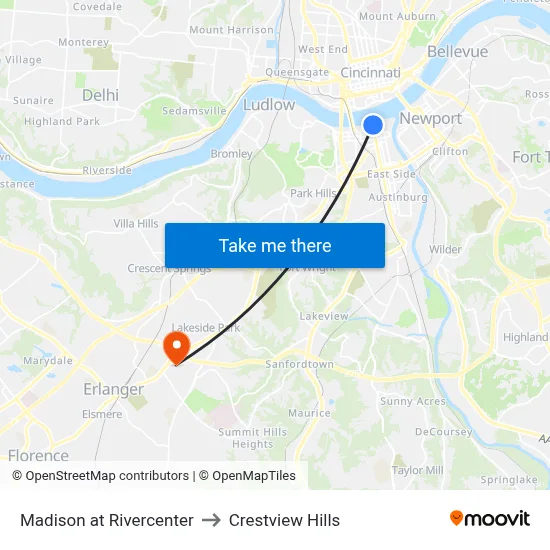 Madison at Rivercenter to Crestview Hills map