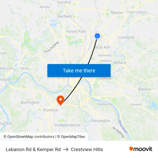 Lebanon Rd & Kemper Rd to Crestview Hills map