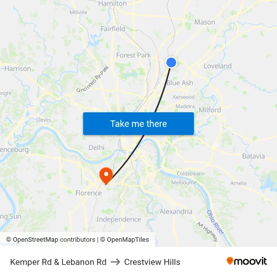 Kemper Rd & Lebanon Rd to Crestview Hills map