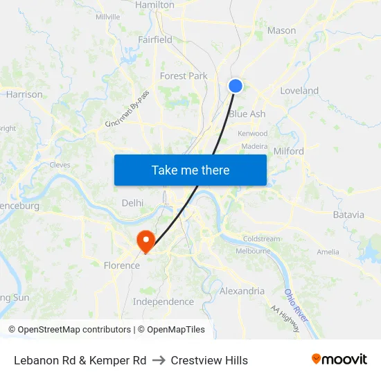 Lebanon Rd & Kemper Rd to Crestview Hills map