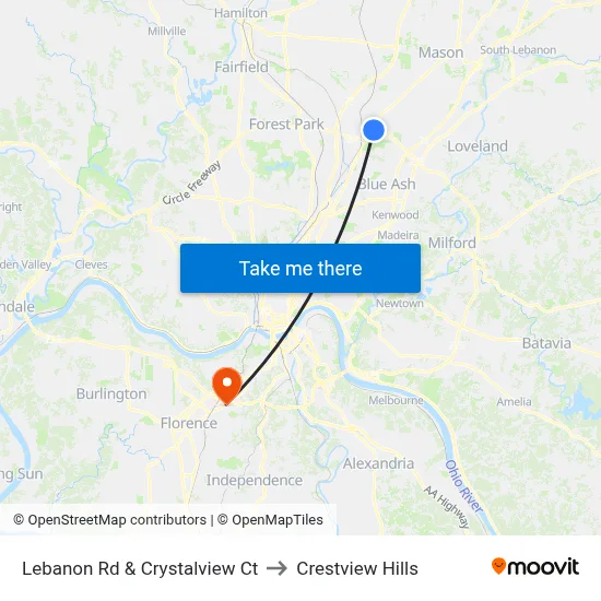 Lebanon Rd & Crystalview Ct to Crestview Hills map