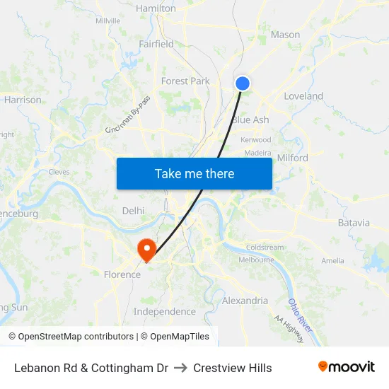 Lebanon Rd & Cottingham Dr to Crestview Hills map