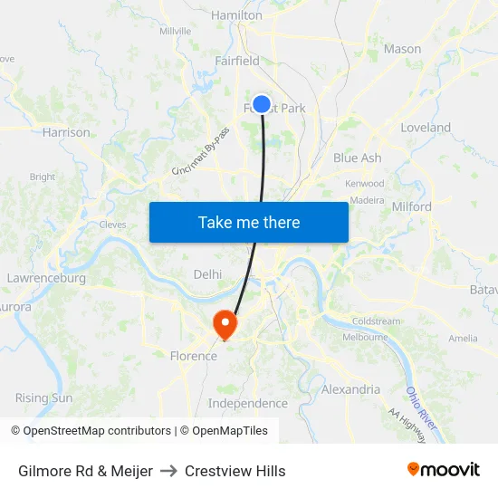 Gilmore Rd & Meijer to Crestview Hills map