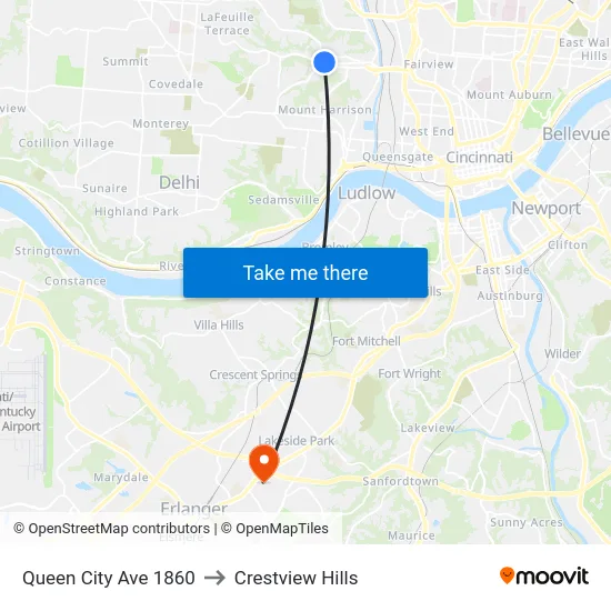 Queen City Ave 1860 to Crestview Hills map