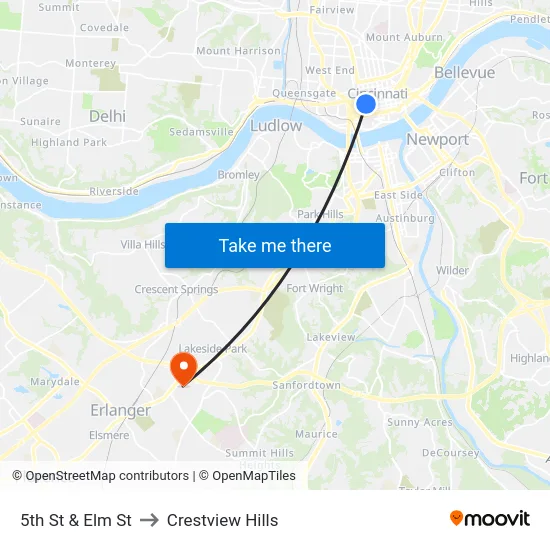 5th St & Elm St to Crestview Hills map