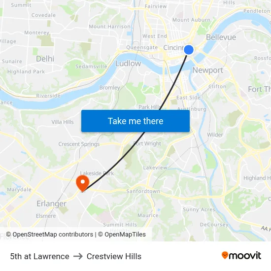 5th at Lawrence to Crestview Hills map