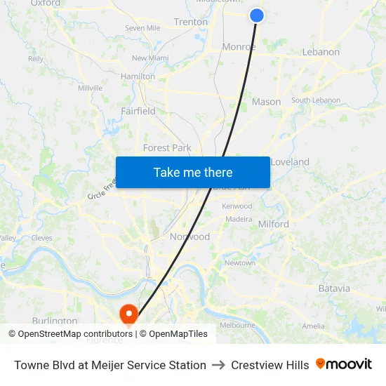 Towne Blvd at Meijer Service Station to Crestview Hills map