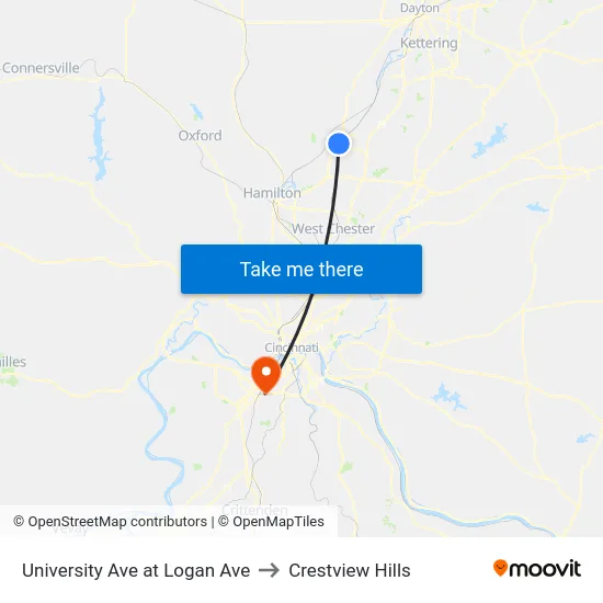 University Ave at Logan Ave to Crestview Hills map