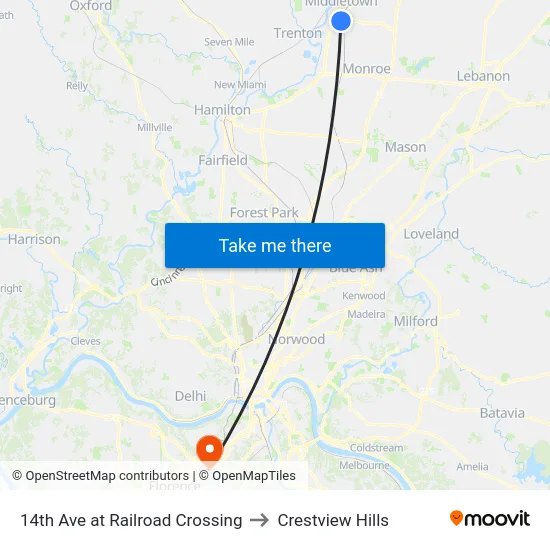 14th Ave at Railroad Crossing to Crestview Hills map