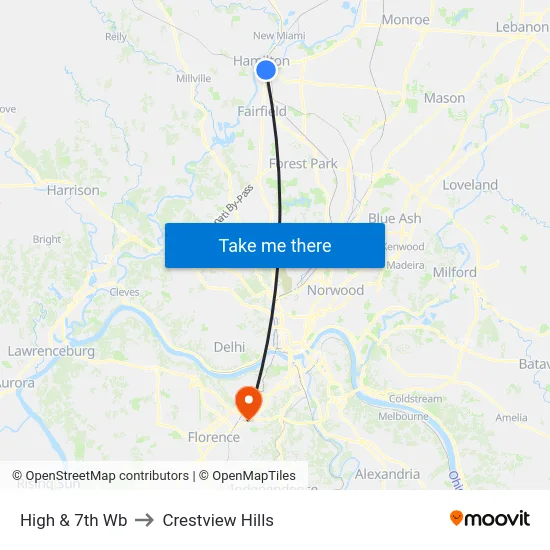 High & 7th Wb to Crestview Hills map