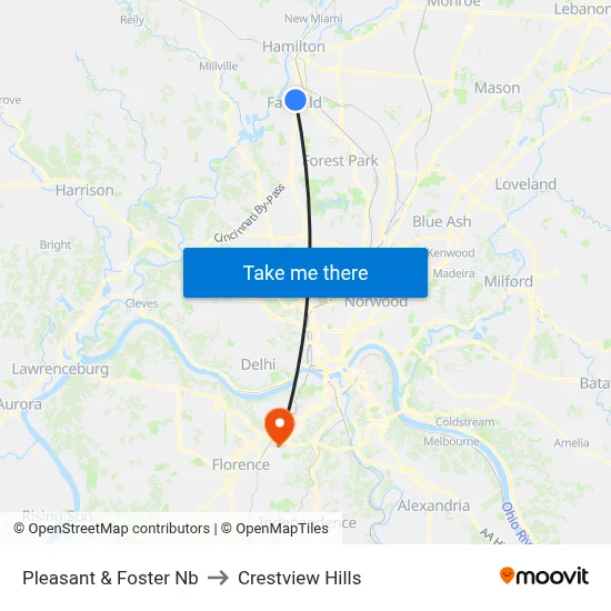 Pleasant & Foster Nb to Crestview Hills map
