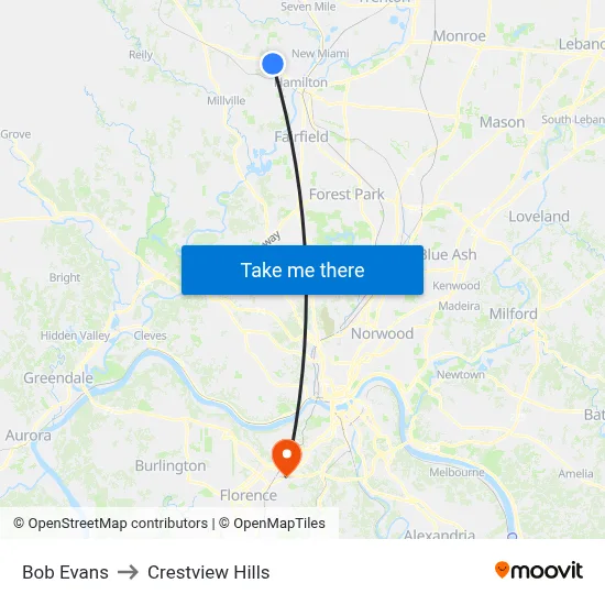 Bob Evans to Crestview Hills map
