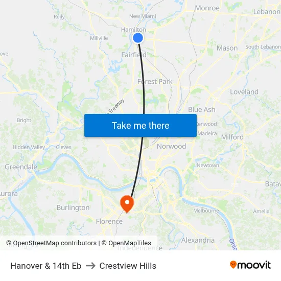 Hanover & 14th Eb to Crestview Hills map
