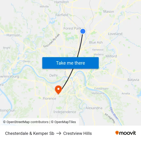 Chesterdale & Kemper Sb to Crestview Hills map