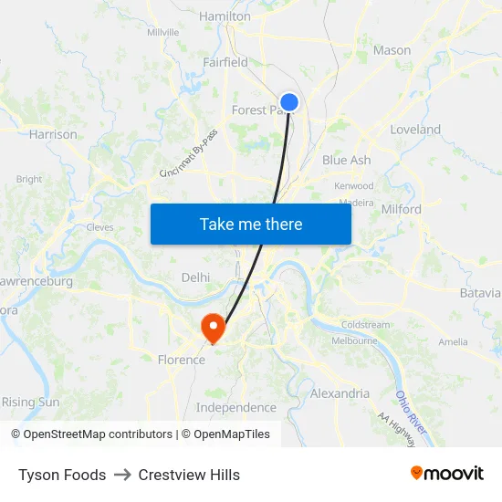 Tyson Foods to Crestview Hills map