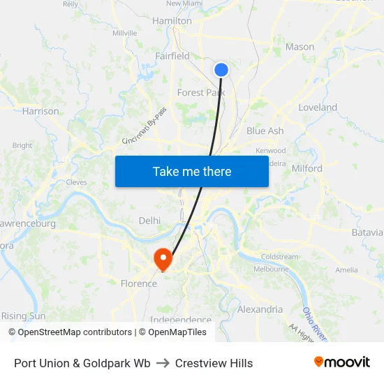 Port Union & Goldpark Wb to Crestview Hills map