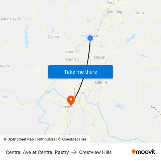 Central Ave at Central Pastry to Crestview Hills map