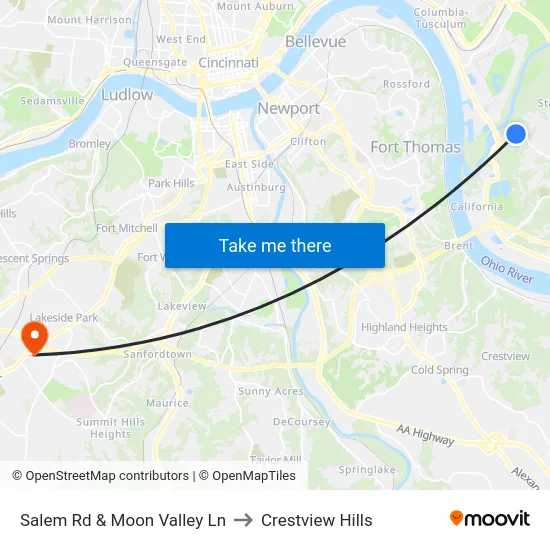 Salem Rd & Moon Valley Ln to Crestview Hills map