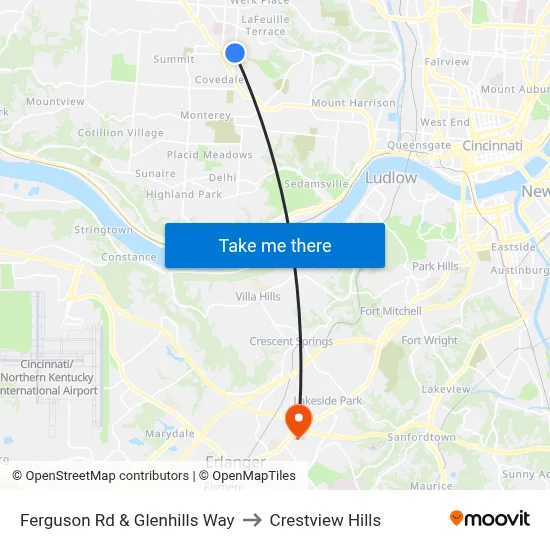 Ferguson Rd & Glenhills Way to Crestview Hills map