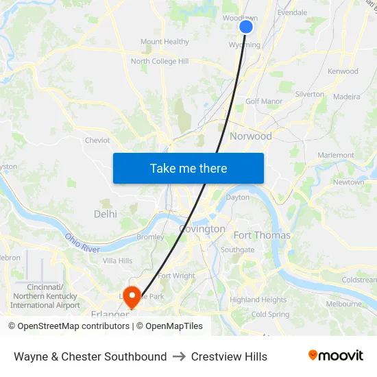 Wayne & Chester Southbound to Crestview Hills map