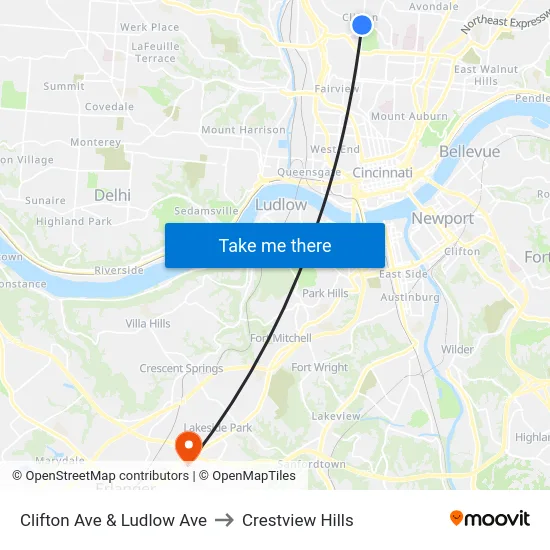 Clifton Ave & Ludlow Ave to Crestview Hills map