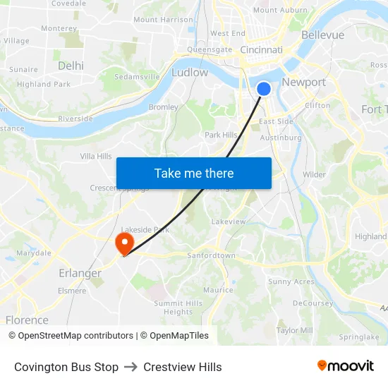 Covington Bus Stop to Crestview Hills map