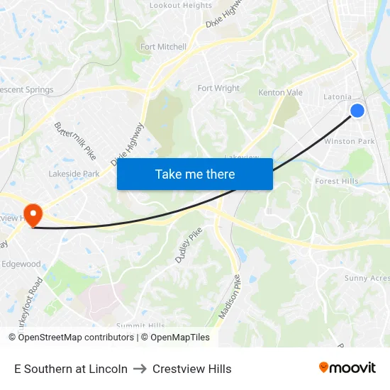 E Southern at Lincoln to Crestview Hills map