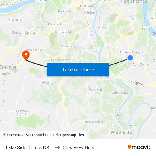 Lake Side Dorms NKU to Crestview Hills map