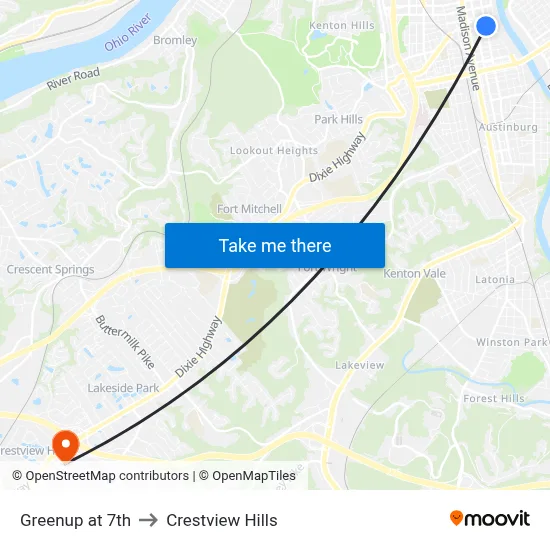 Greenup at 7th to Crestview Hills map