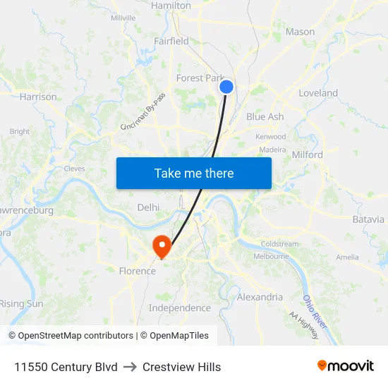 11550 Century Blvd to Crestview Hills map