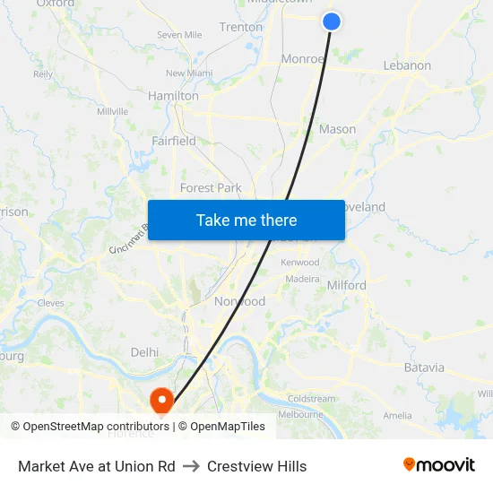 Market Ave at Union Rd to Crestview Hills map