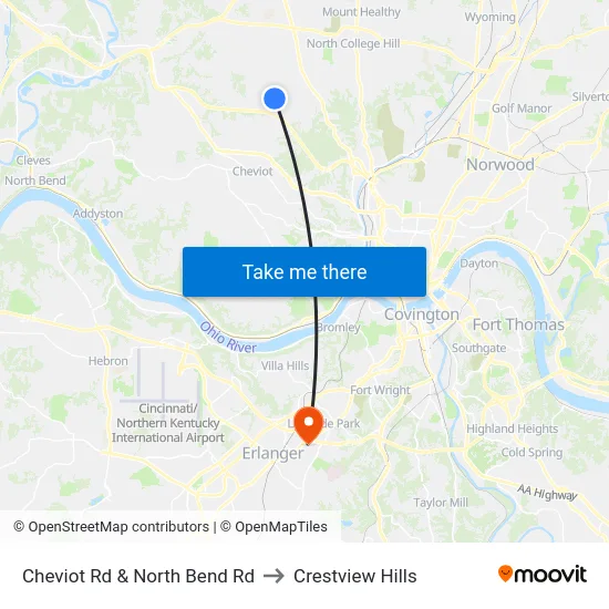 Cheviot Rd & North Bend Rd to Crestview Hills map