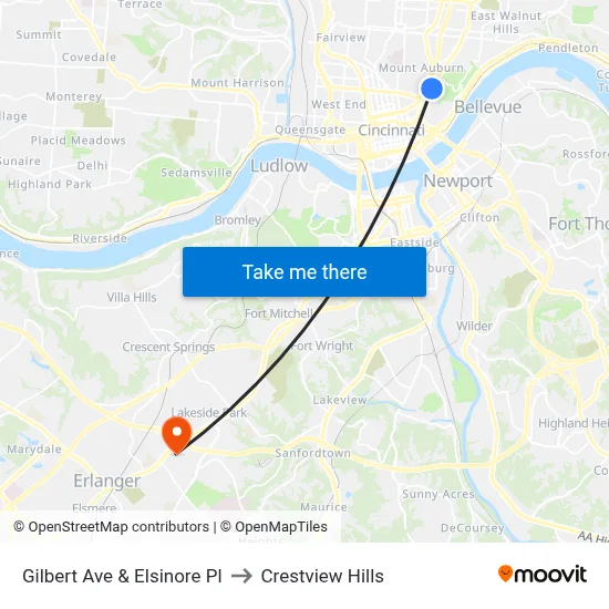 Gilbert Ave & Elsinore Pl to Crestview Hills map