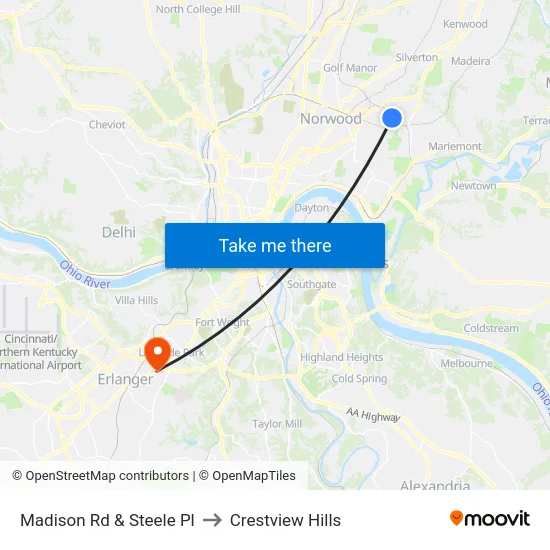 Madison Rd & Steele Pl to Crestview Hills map
