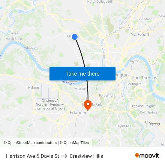 Harrison Ave & Davis St to Crestview Hills map
