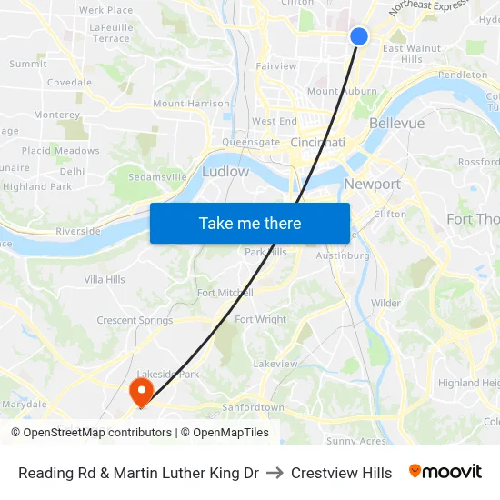 Reading Rd & Martin Luther King Dr to Crestview Hills map