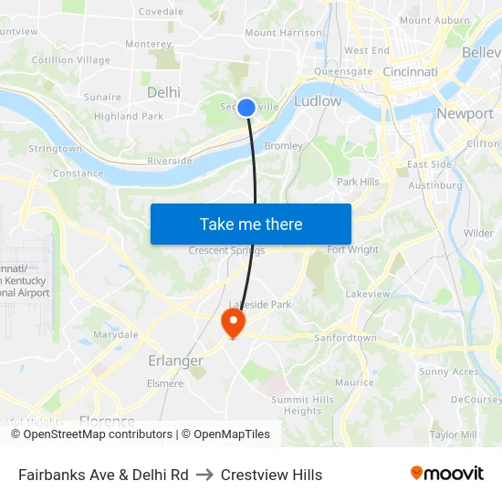 Fairbanks Ave & Delhi Rd to Crestview Hills map