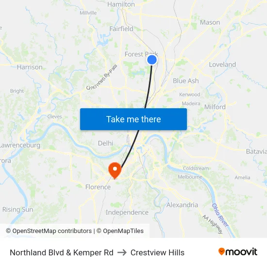 Northland Blvd & Kemper Rd to Crestview Hills map